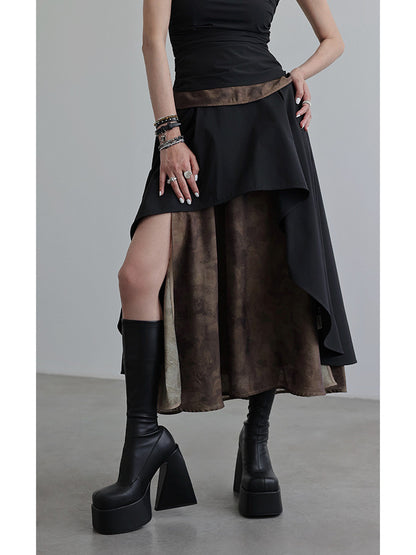 Lace-up contrast color splicing skirt