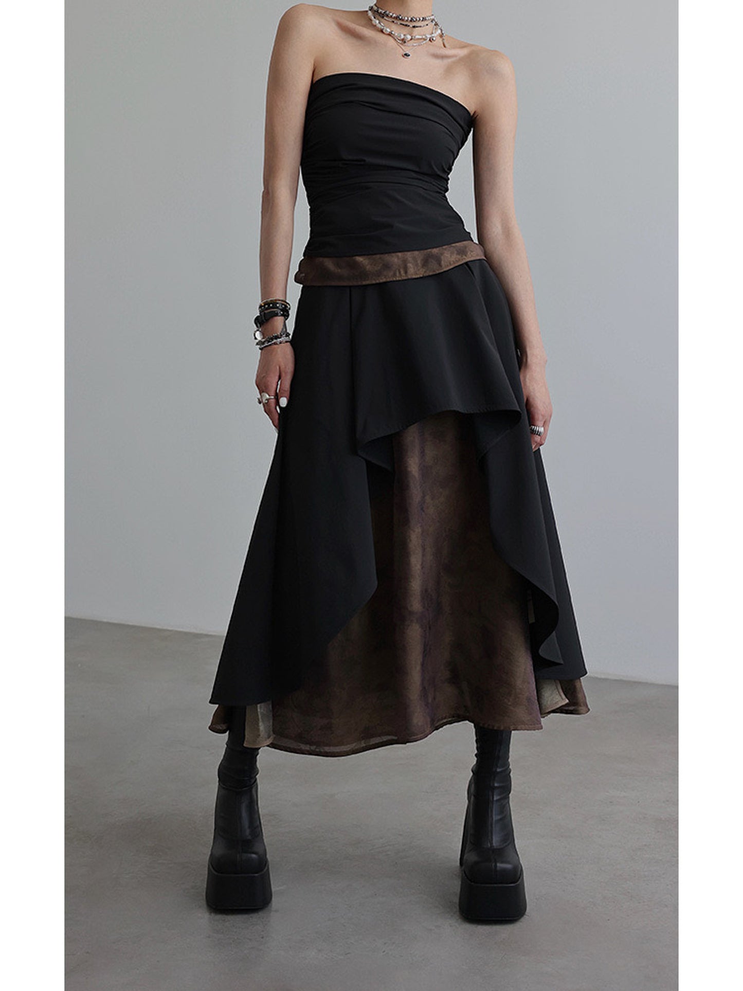 Lace-up contrast color splicing skirt