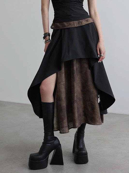 Lace-up contrast color splicing skirt