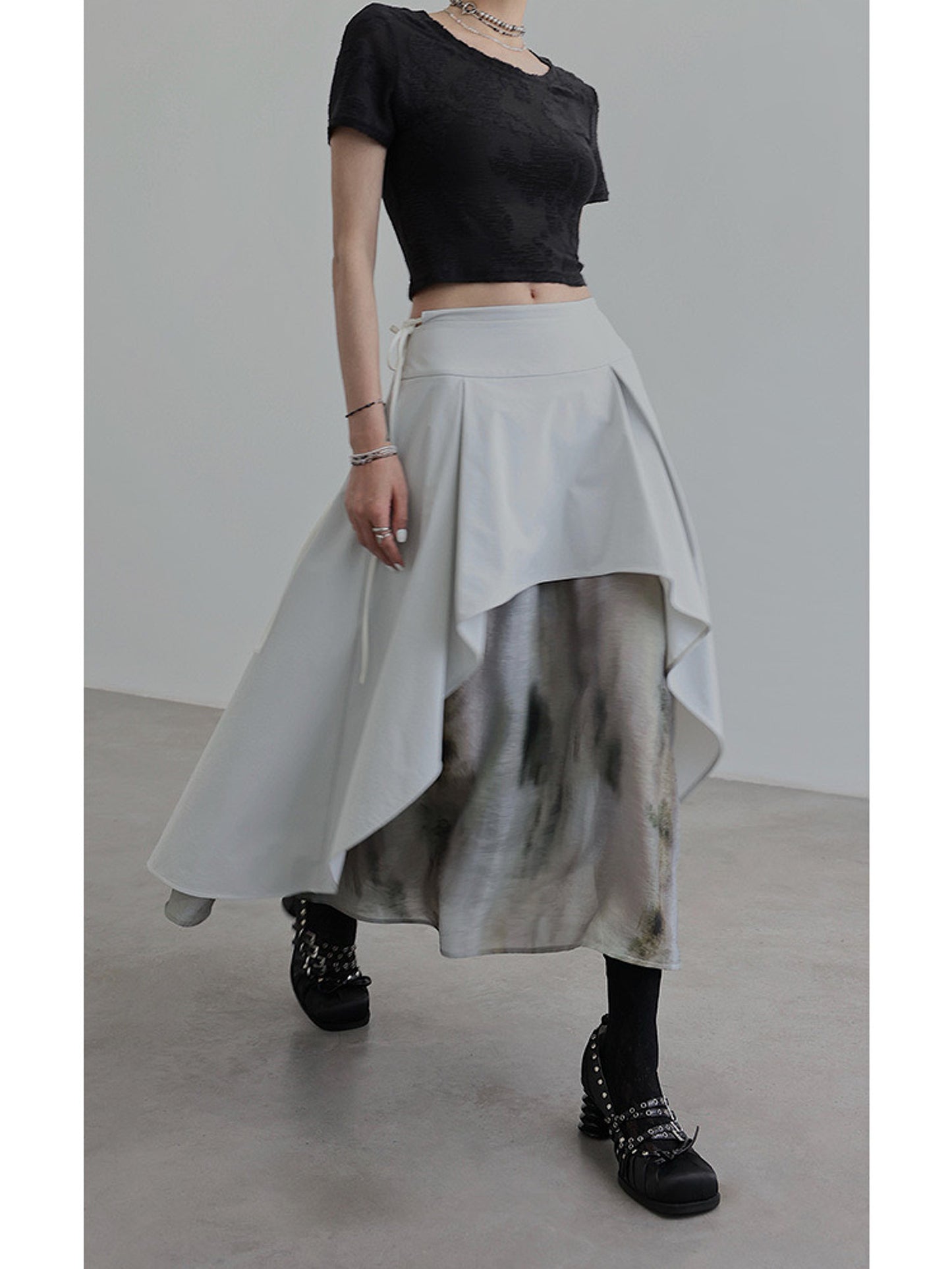 Lace-up contrast color splicing skirt