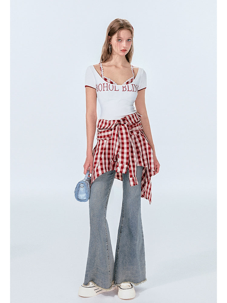 Gingham Check Shirt-Style Bare Tops