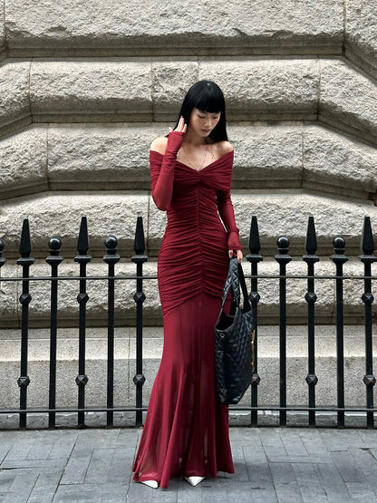 GATHERED OFF-SHOULDER LONG DRESS