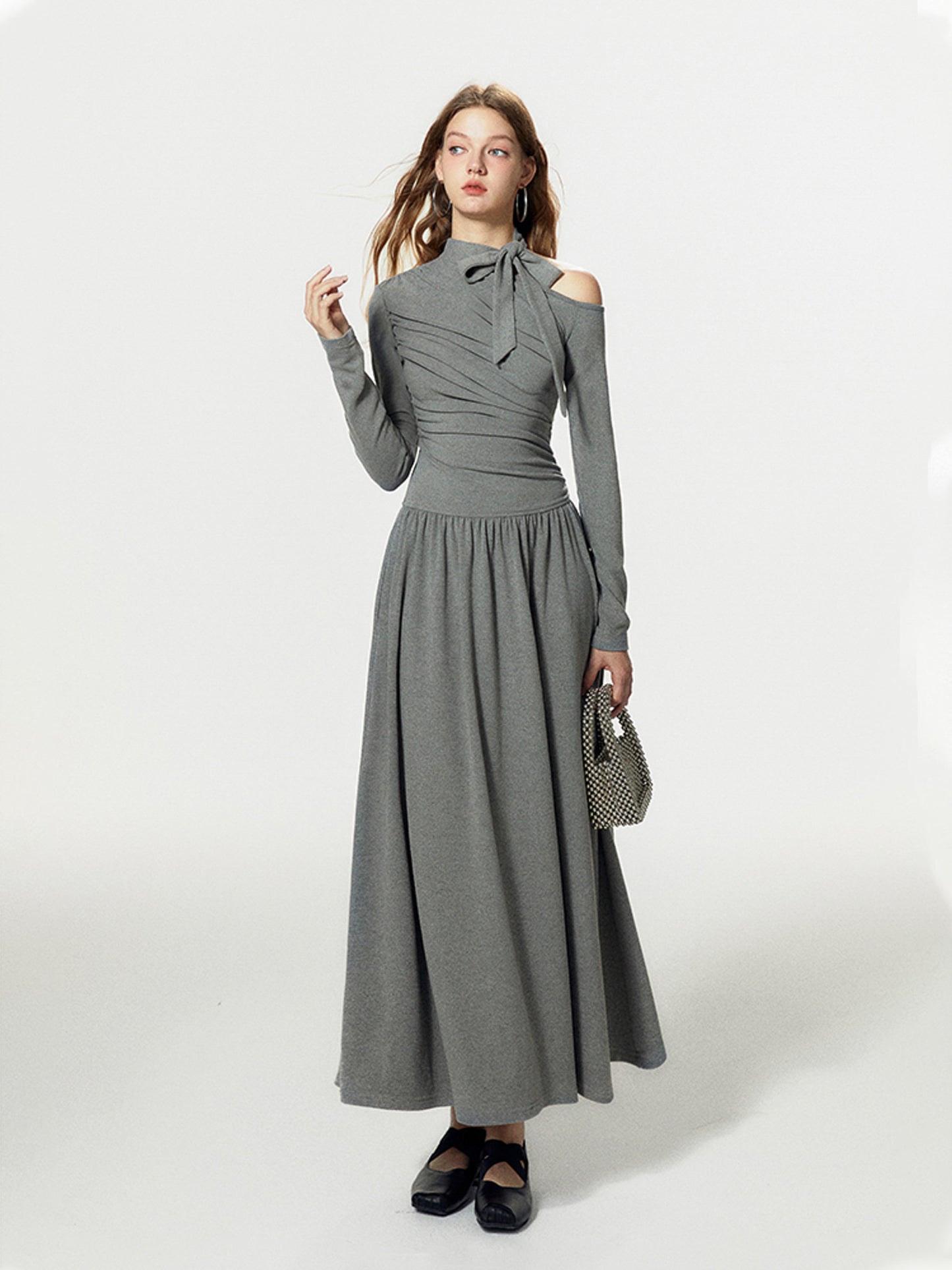 Decollete Cut Bow Long Dress