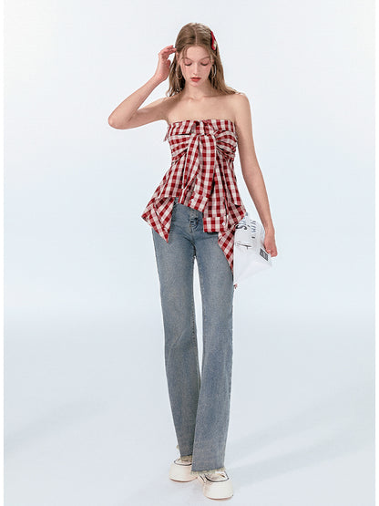 Gingham Check Shirt-Style Bare Tops