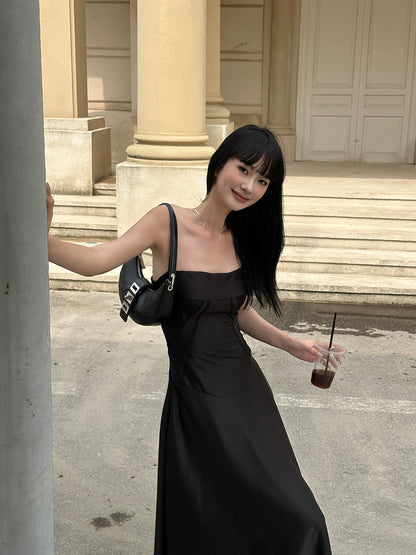 SATIN STYLE FLARED CAMISOLE LONG DRESS