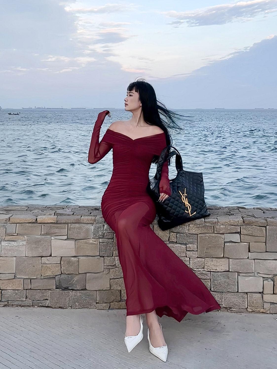 GATHERED OFF-SHOULDER LONG DRESS