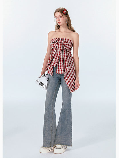 Gingham Check Shirt-Style Bare Tops