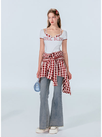 Gingham Check Shirt-Style Bare Tops