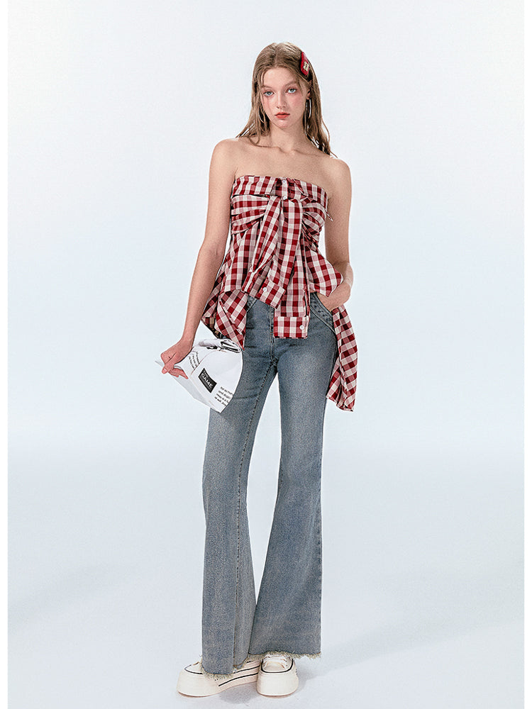 Gingham Check Shirt-Style Bare Tops