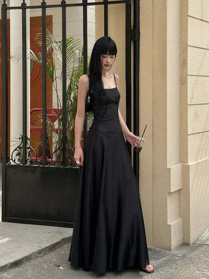 SATIN STYLE FLARED CAMISOLE LONG DRESS