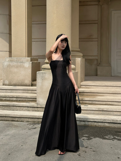 SATIN STYLE FLARED CAMISOLE LONG DRESS