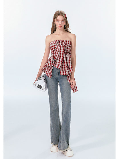 Gingham Check Shirt-Style Bare Tops