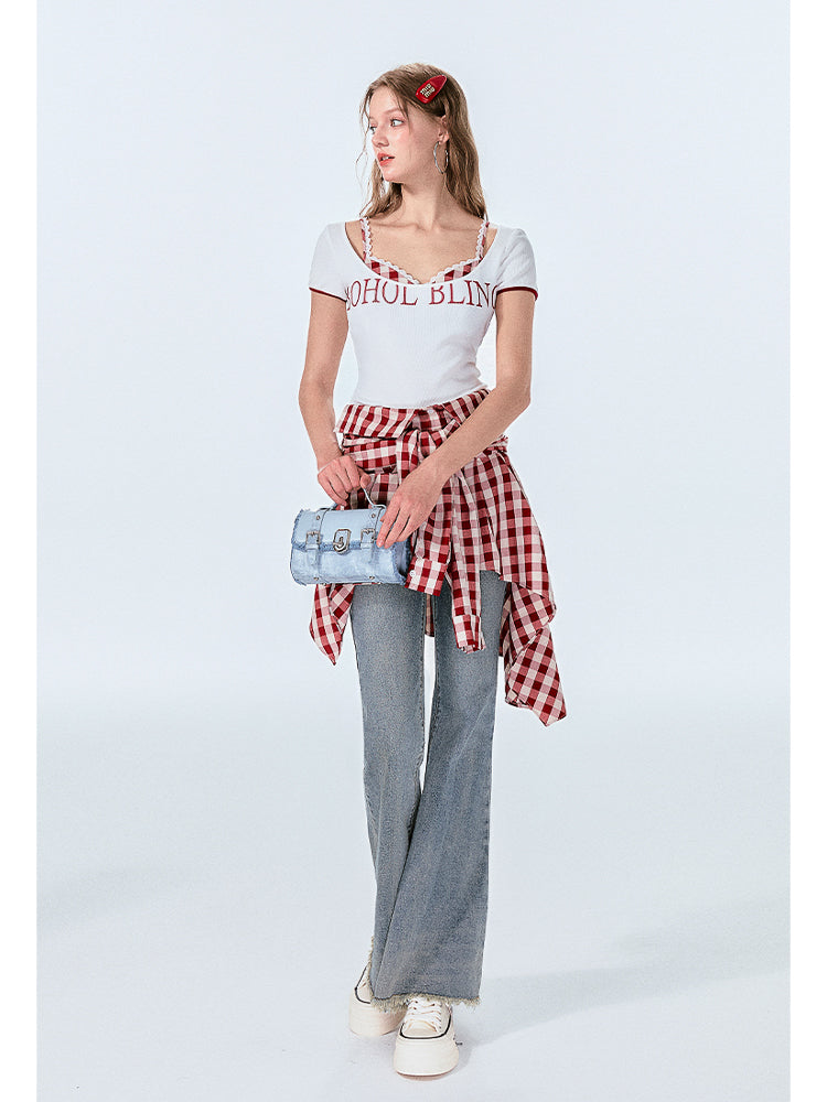 Gingham Check Shirt-Style Bare Tops