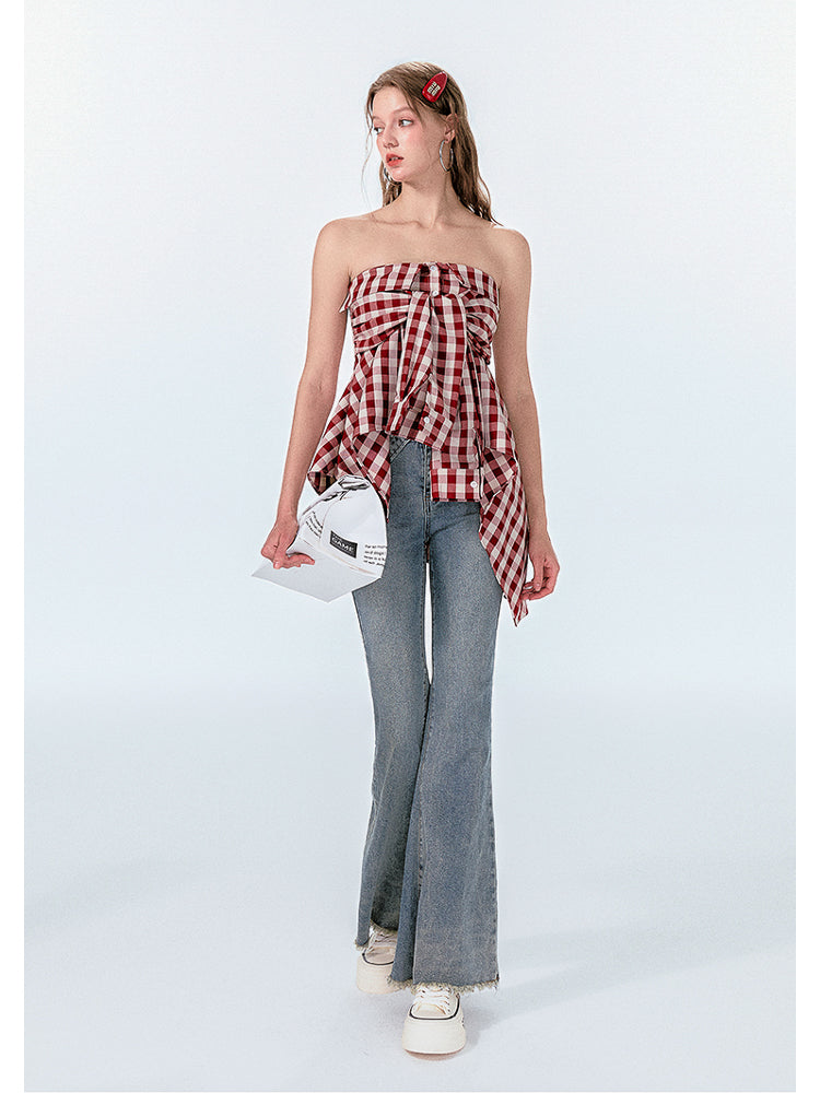 Gingham Check Shirt-Style Bare Tops